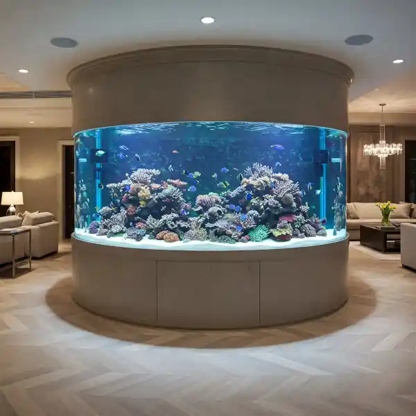 A wide shot of a custom-built aquarium in a luxurious setting. The aquarium is the focal point, showcasing vibrant coral and fish. The room features sleek lines and modern design, with the aquarium seamlessly integrated into the space.