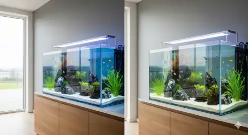 A large acrylic fish tank with a thriving coral reef.