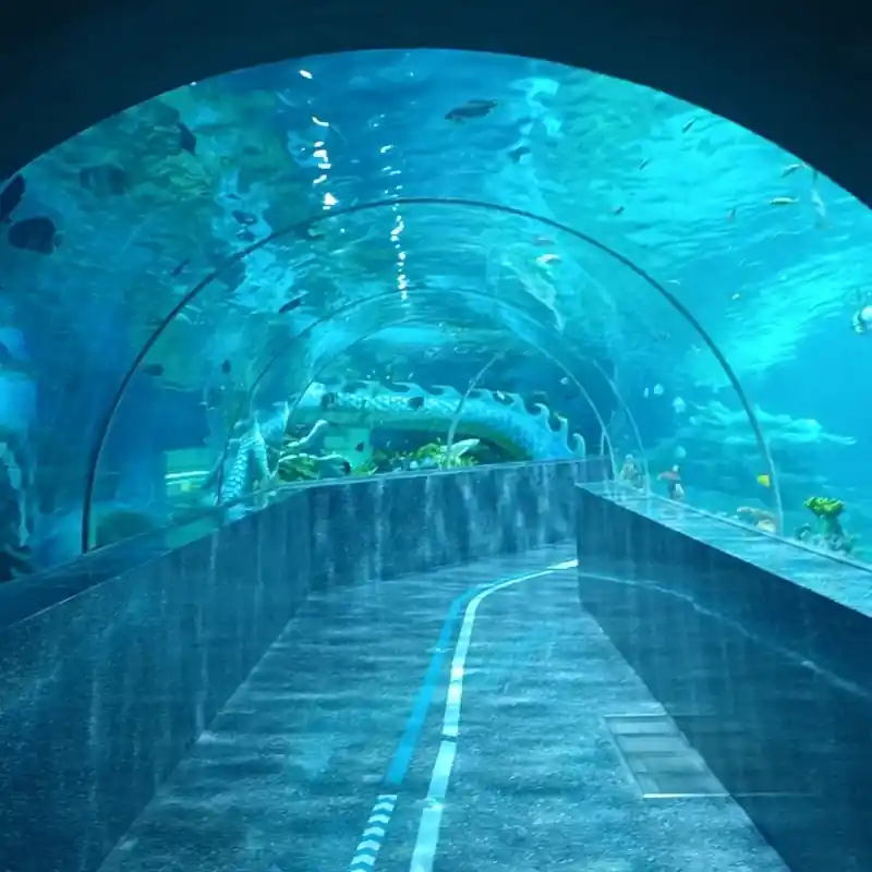 Visitors walking through an underwater tunnel in a large, cylindrical acrylic aquarium, surrounded by sharks and other marine life.