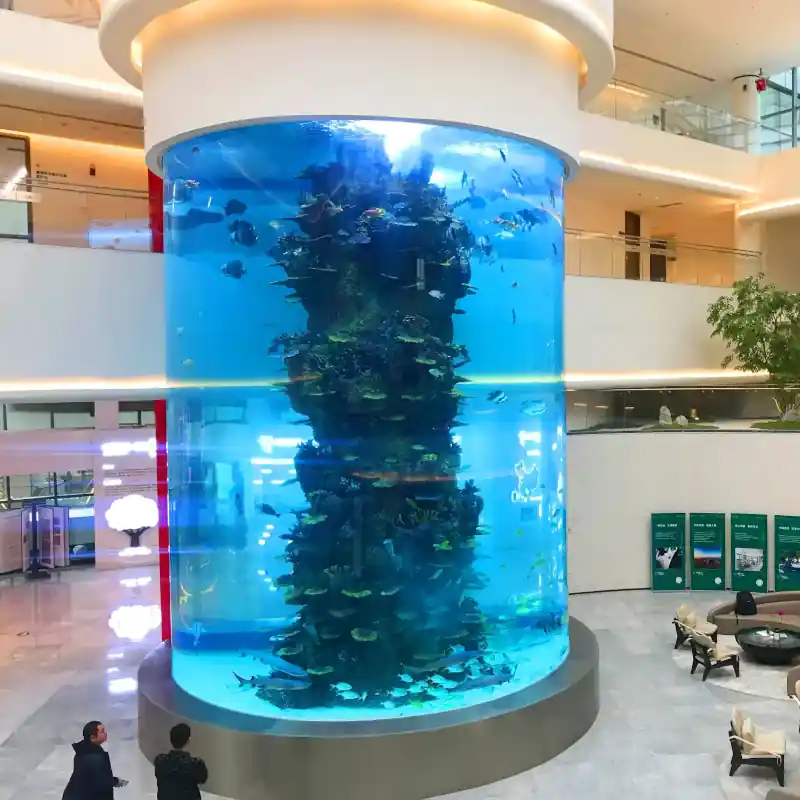 Quality control inspection of a large, curved acrylic aquarium panel by a skilled craftsman. Focus on detail, precision, and manufacturing excellence.