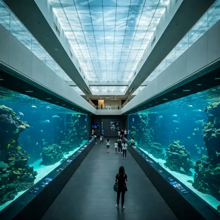 Interior view of a public aquarium, featuring a large acrylic window and numerous marine species swimming in a spacious environment.